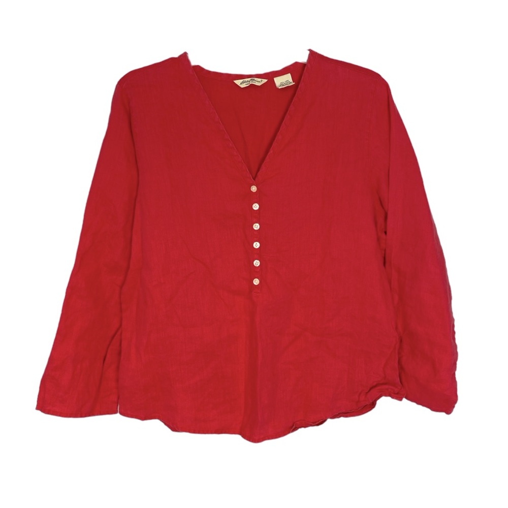 Eddie Bauer faded light red linen henley top blouse v-neck PETITE medium